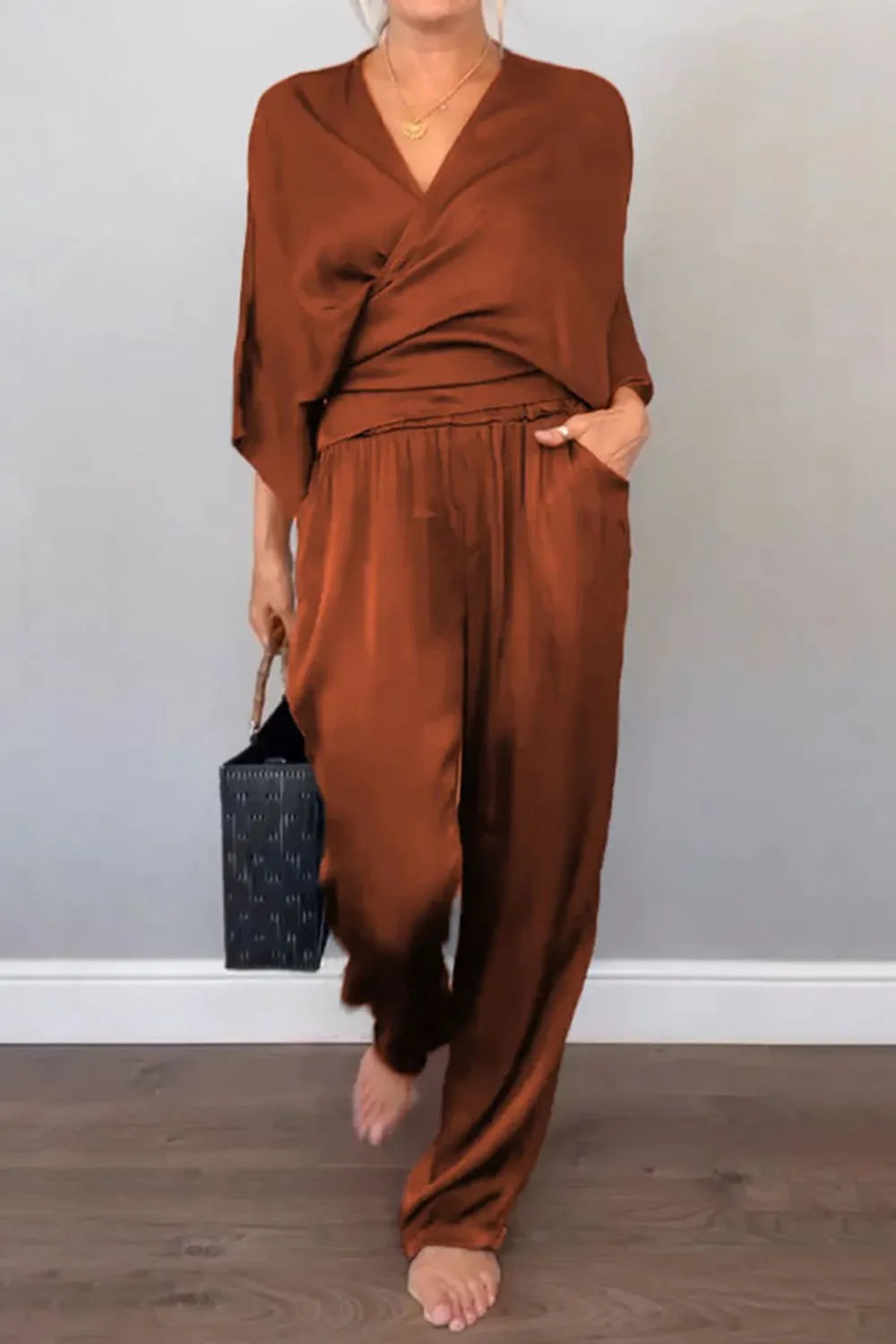 Full Size Wrap Surplice Top and Pants Set Plus Size