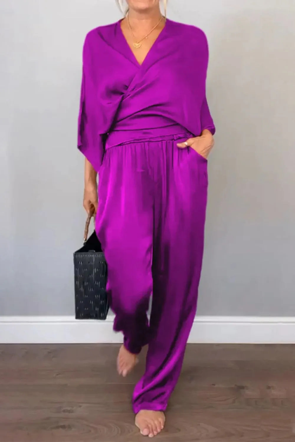 Full Size Wrap Surplice Top and Pants Set Plus Size