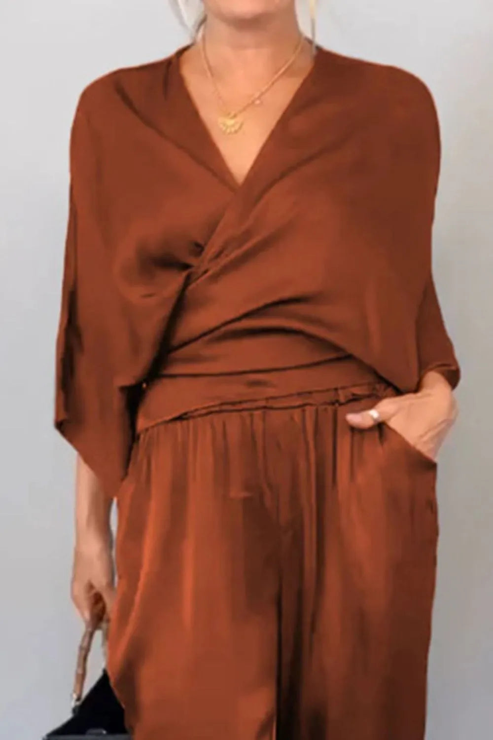 Full Size Wrap Surplice Top and Pants Set Plus Size