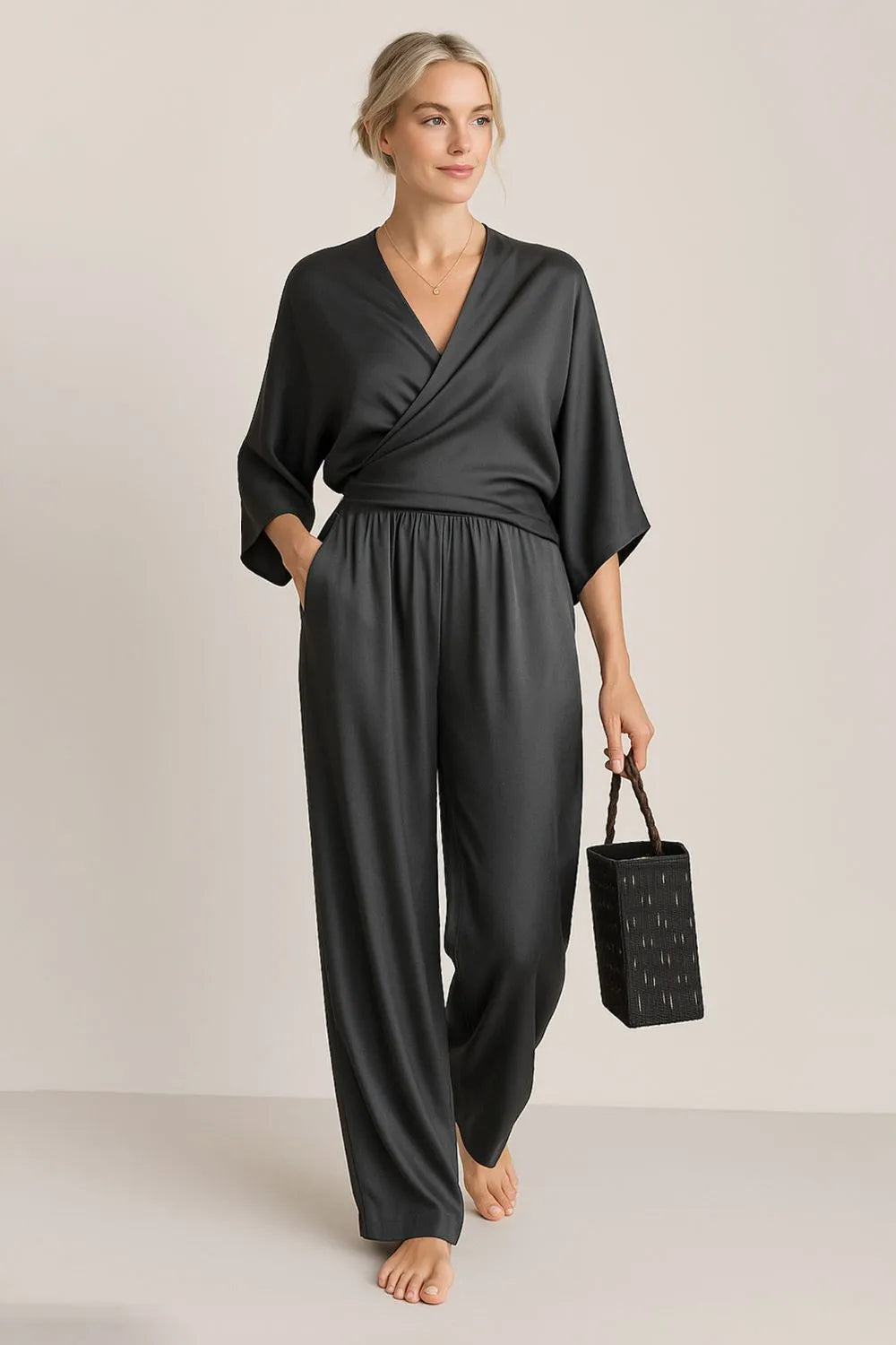 Full Size Wrap Surplice Top and Pants Set Plus Size