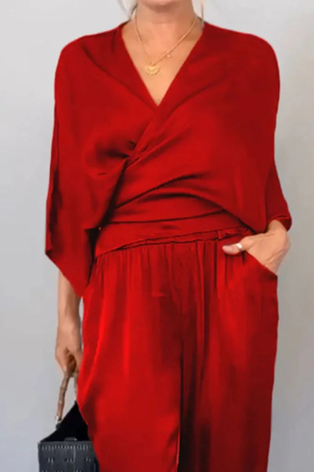 Full Size Wrap Surplice Top and Pants Set Plus Size
