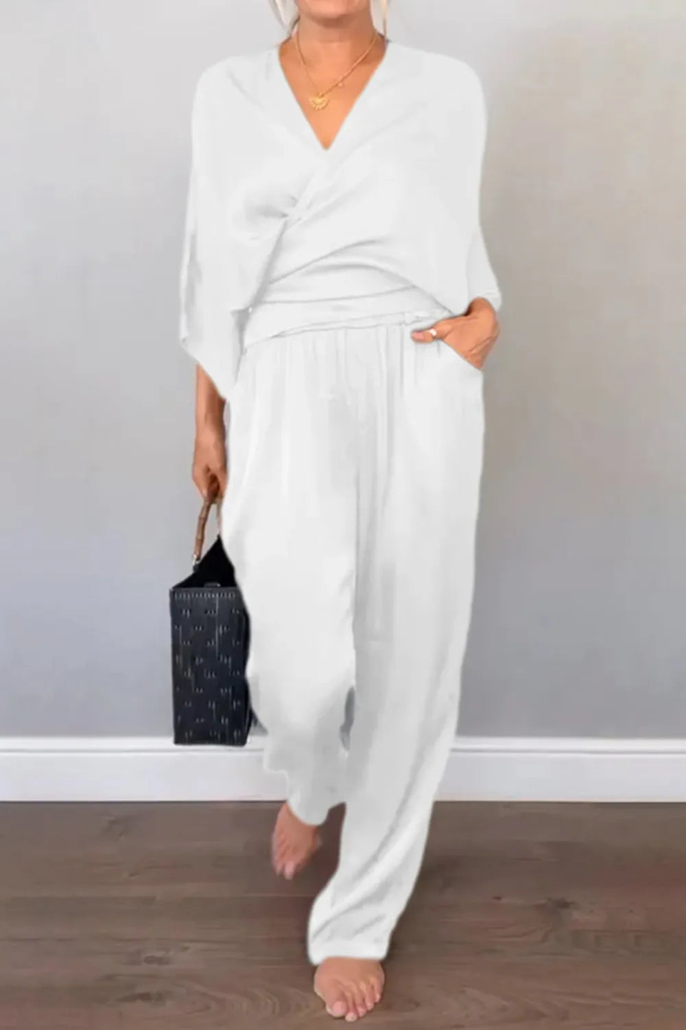 Full Size Wrap Surplice Top and Pants Set Plus Size
