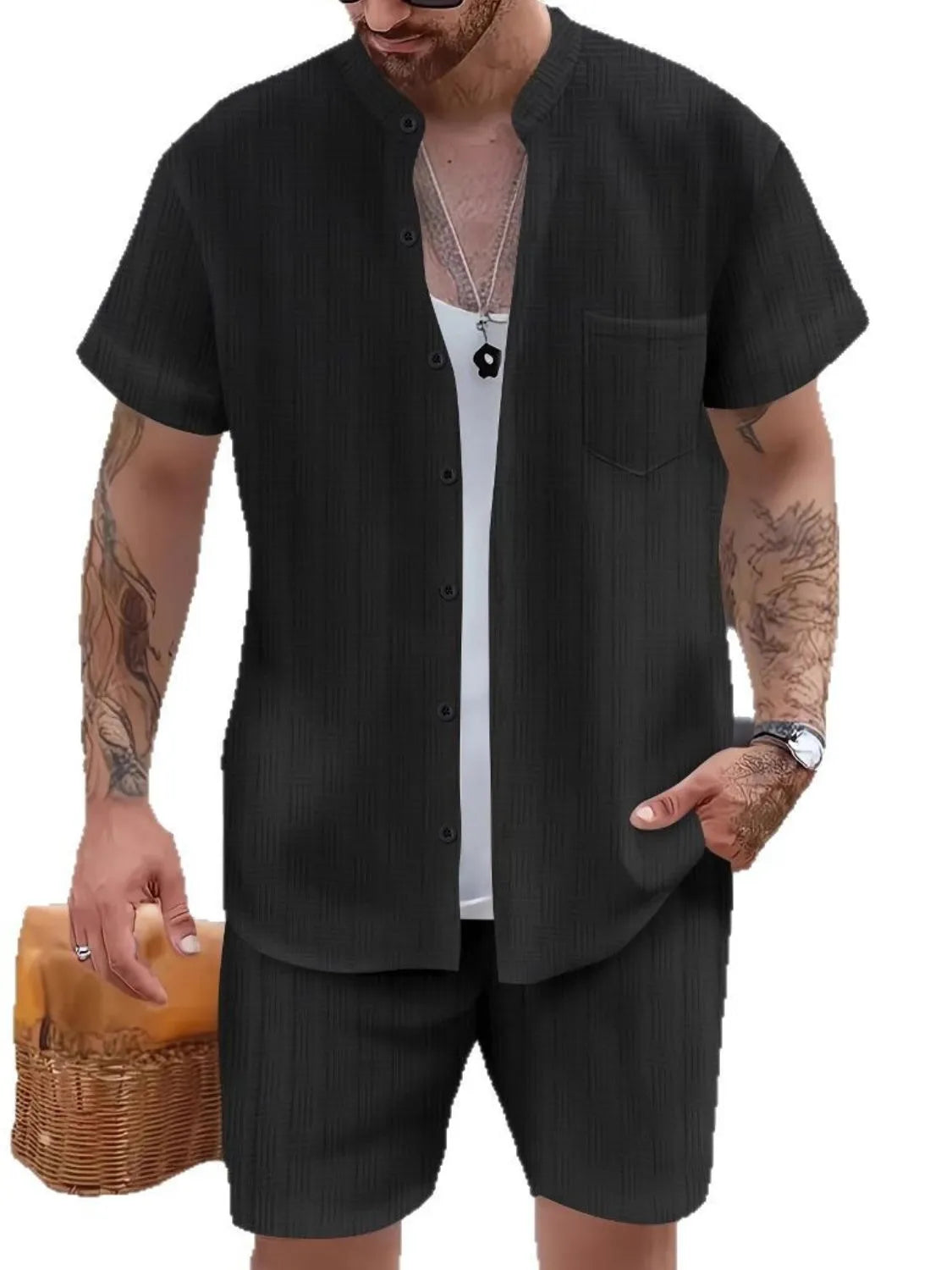 Men's Button Up Short Sleeve Shirt and Shorts Set