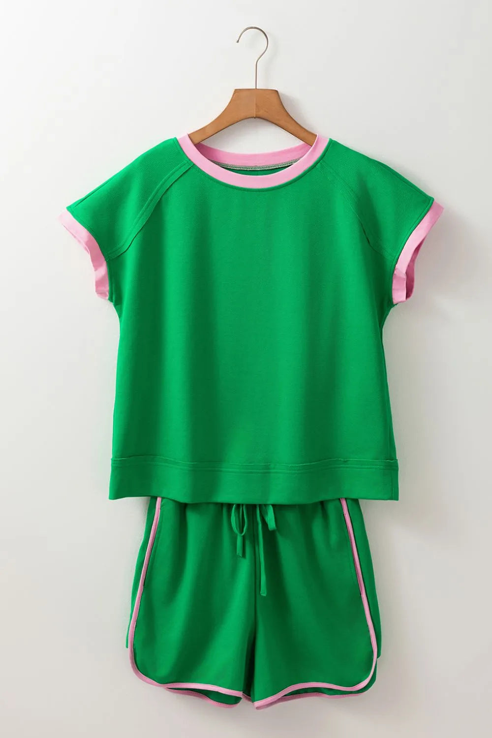 Two Tone Contrast Textured Crewneck Tee and Shorts Set