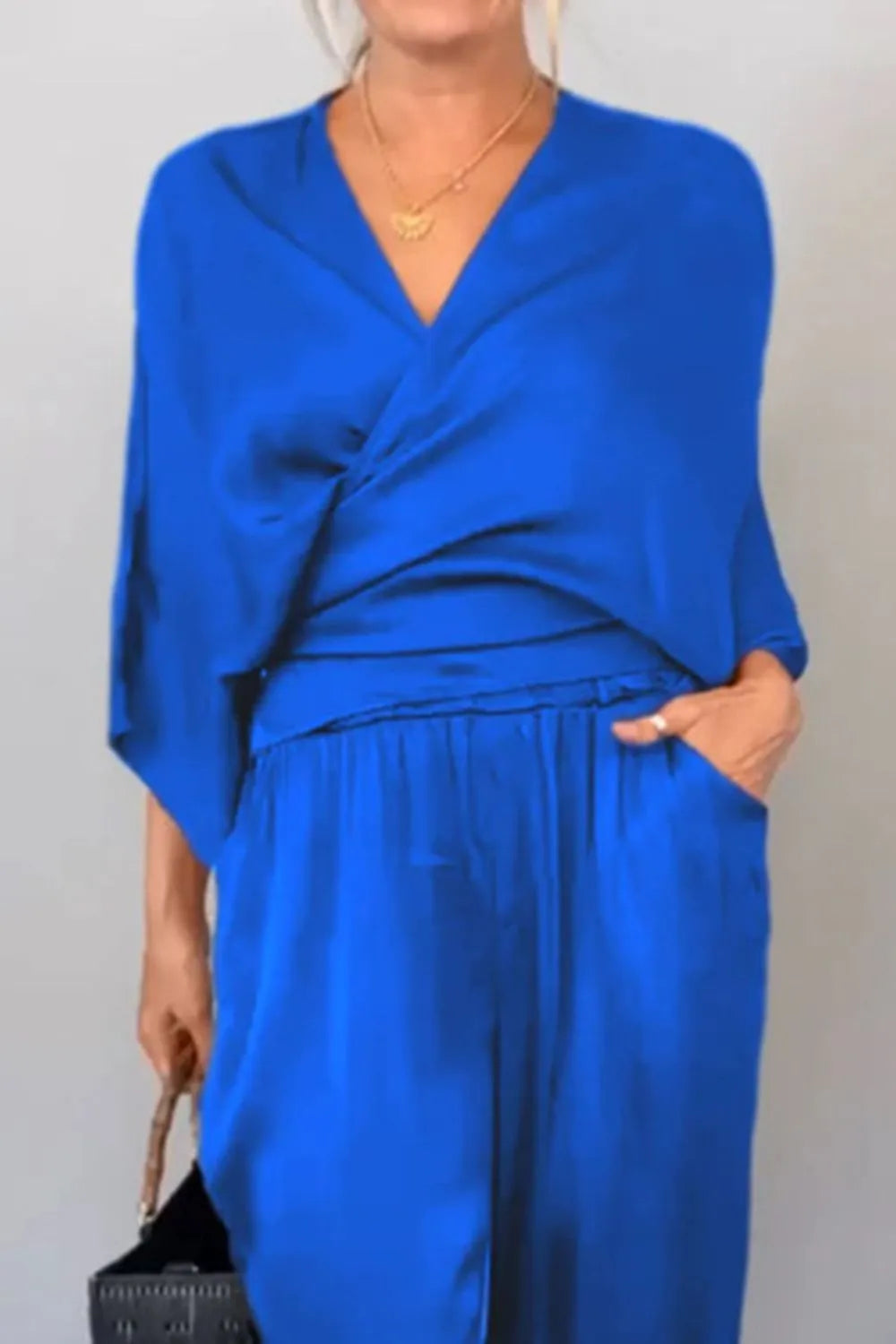 Full Size Wrap Surplice Top and Pants Set Plus Size