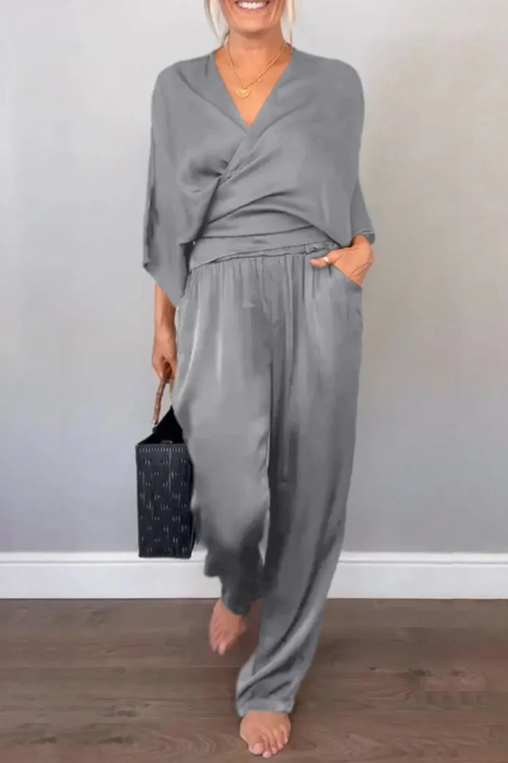 Full Size Wrap Surplice Top and Pants Set Plus Size