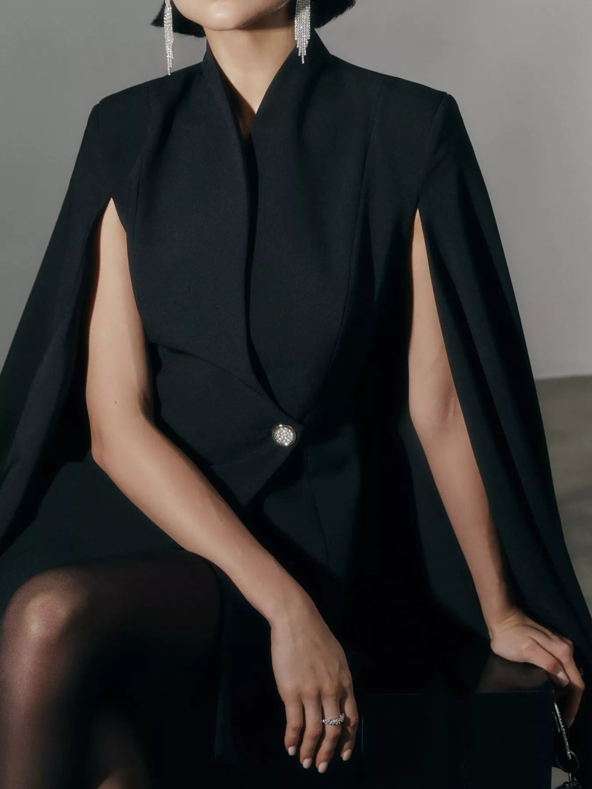 One Button Fitted Mini Blazer Dress with Cape Sleeves