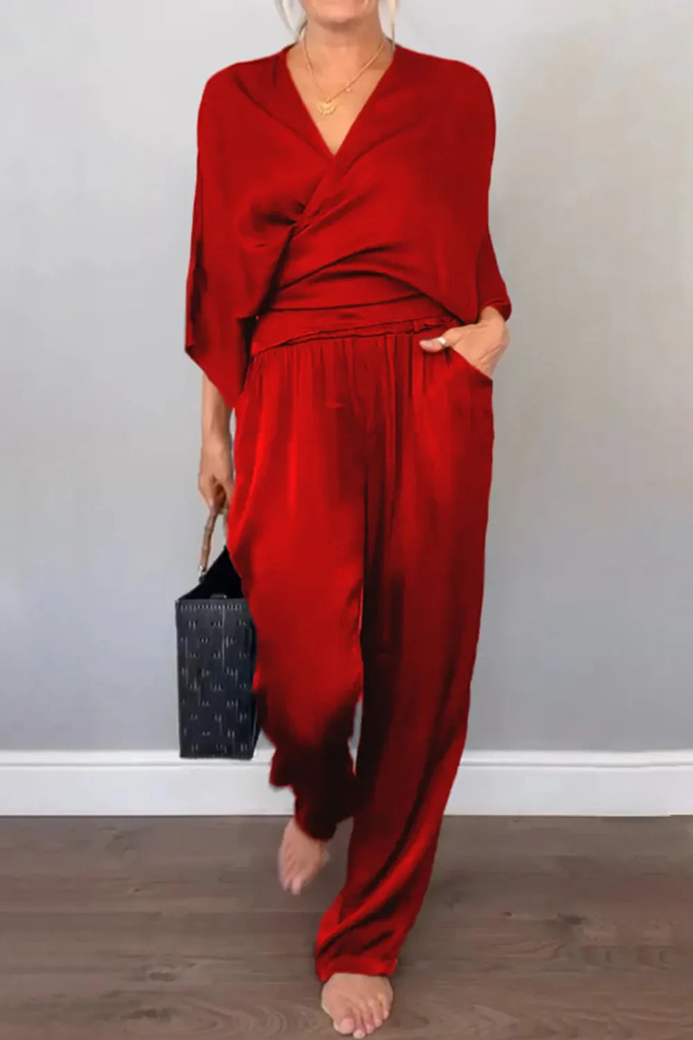 Full Size Wrap Surplice Top and Pants Set Plus Size