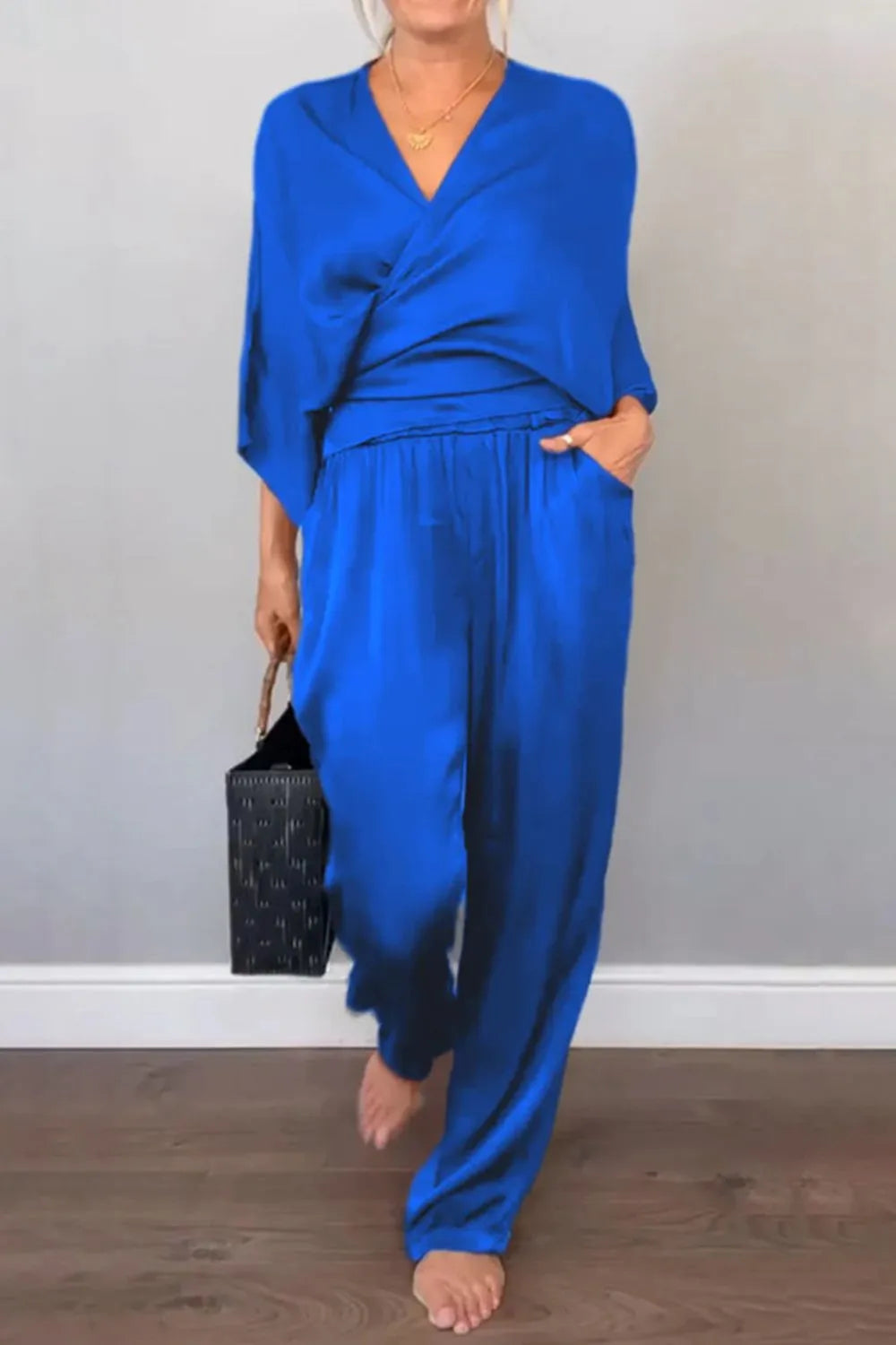 Full Size Wrap Surplice Top and Pants Set Plus Size