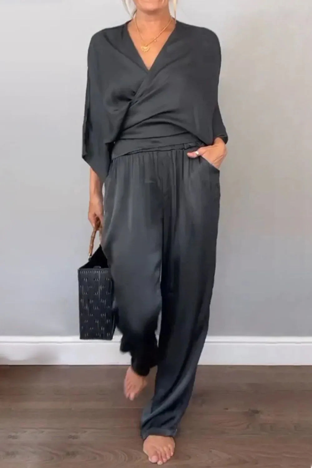 Full Size Wrap Surplice Top and Pants Set Plus Size