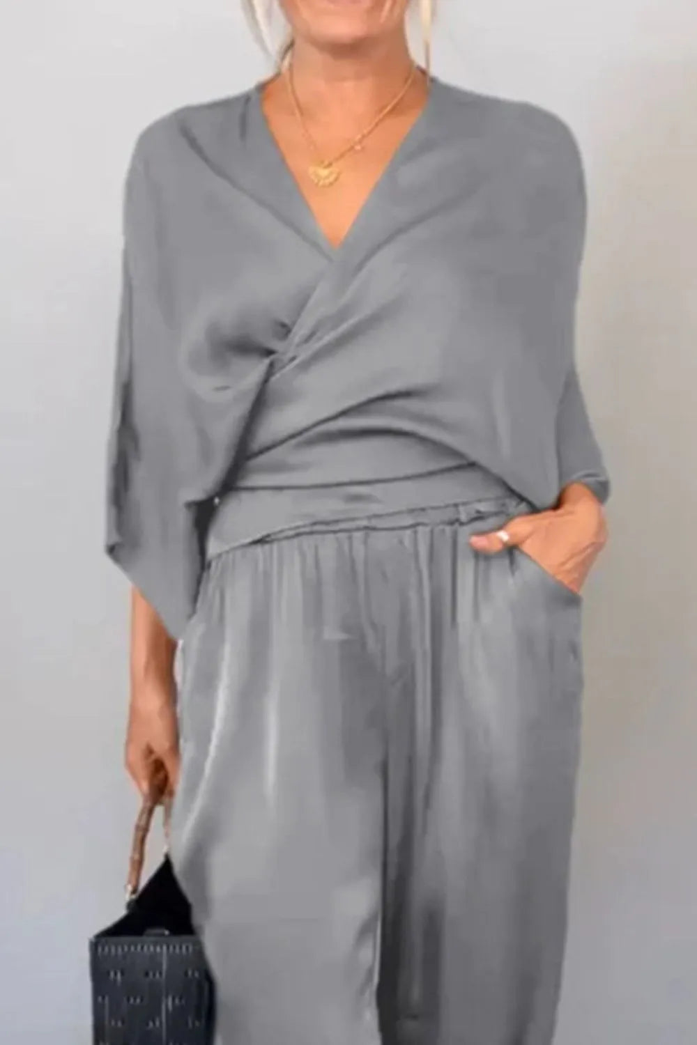 Full Size Wrap Surplice Top and Pants Set Plus Size
