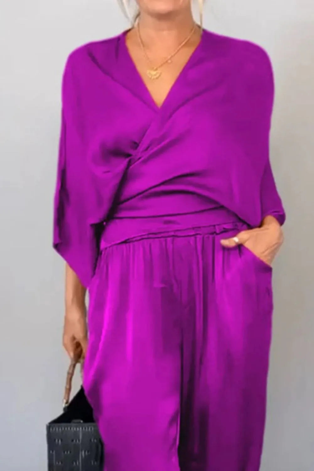 Full Size Wrap Surplice Top and Pants Set Plus Size