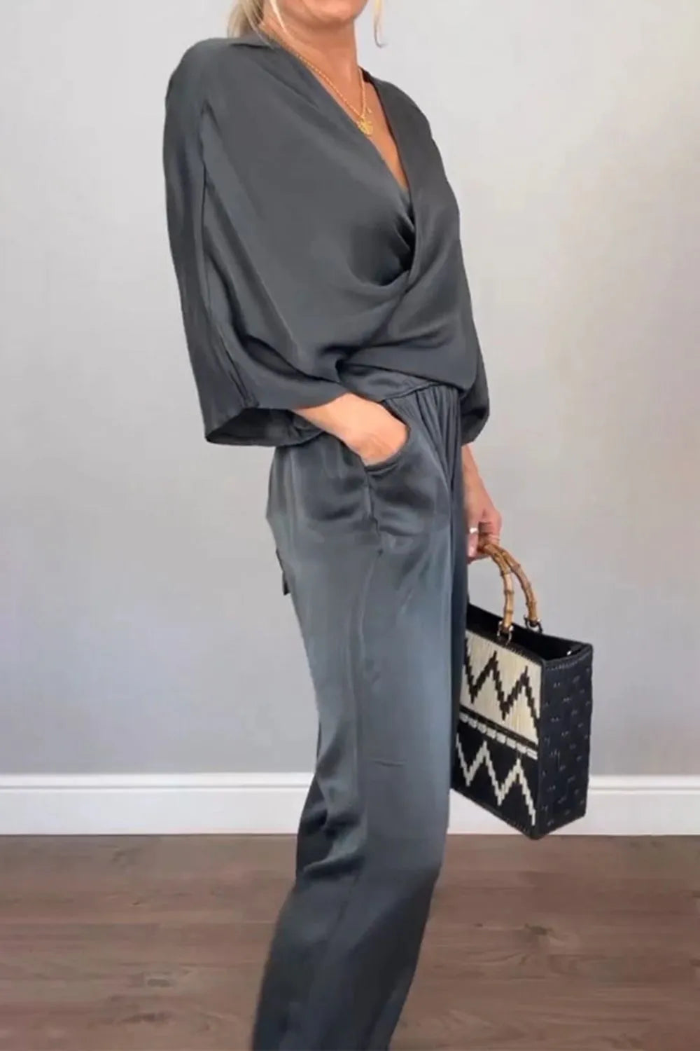 Full Size Wrap Surplice Top and Pants Set Plus Size