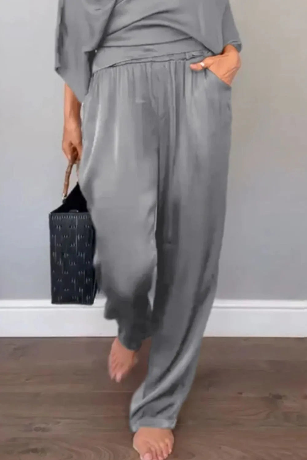 Full Size Wrap Surplice Top and Pants Set Plus Size