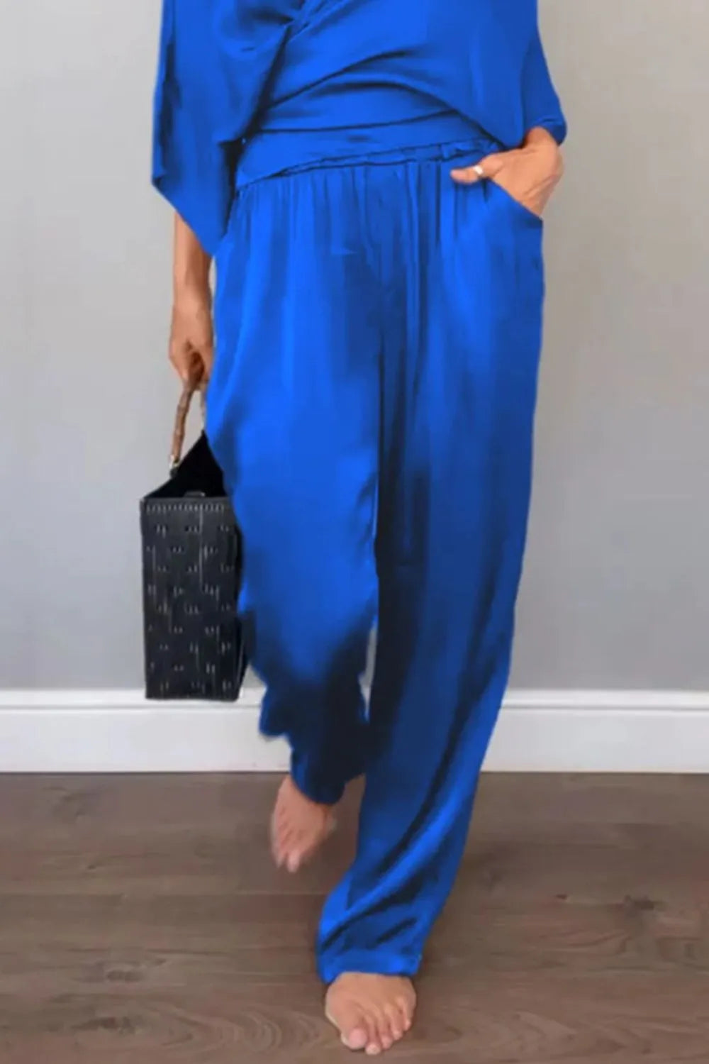 Full Size Wrap Surplice Top and Pants Set Plus Size