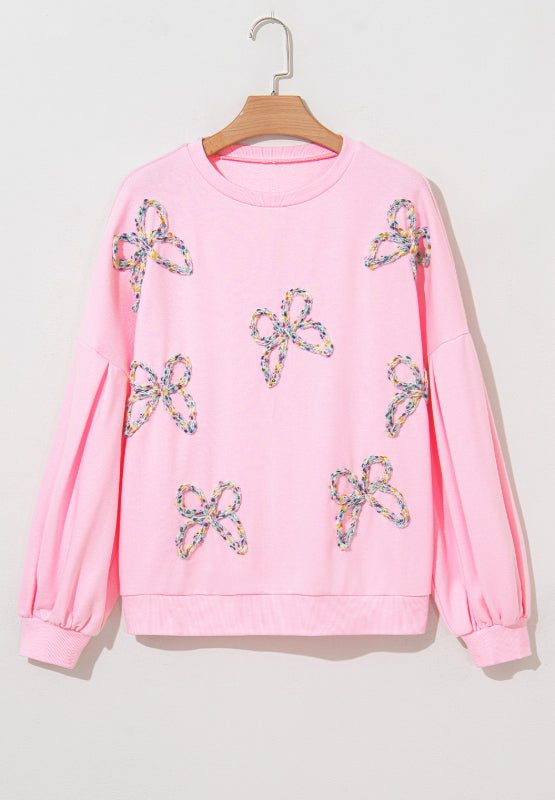 Chic Bow Round Neck Long Sleeve Sweatshirt in Soft Pink