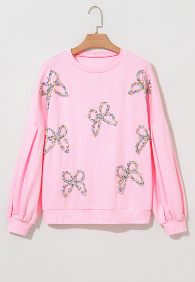 Chic Bow Round Neck Long Sleeve Sweatshirt in Soft Pink