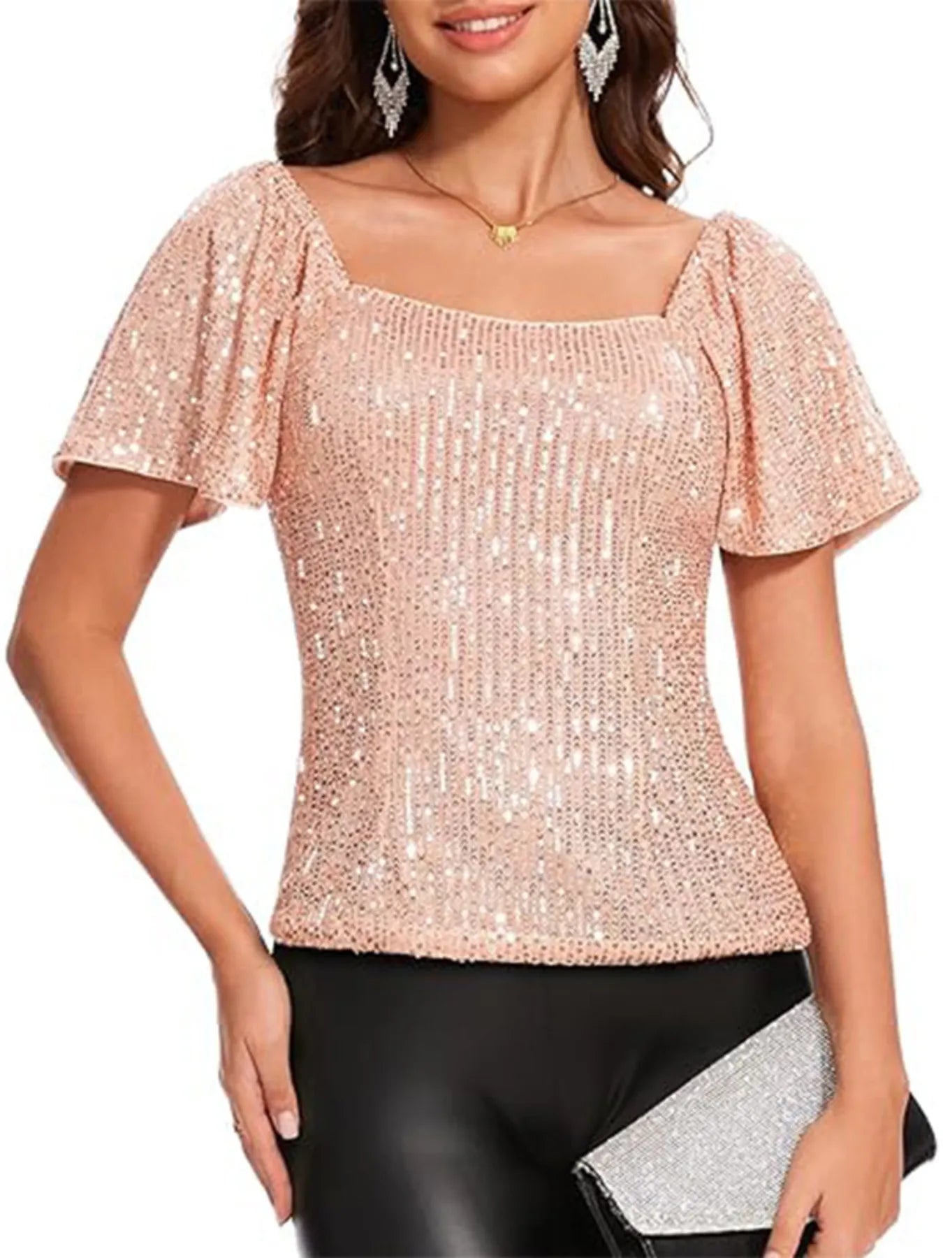 Square Neck Sequin Short Sleeve Blouse