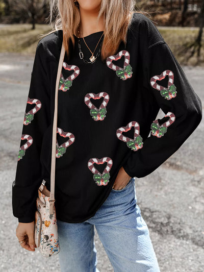 Sequin Christmas Candy Cane Heart Graphic Drop Shoulder Ribbed Sweatshirt