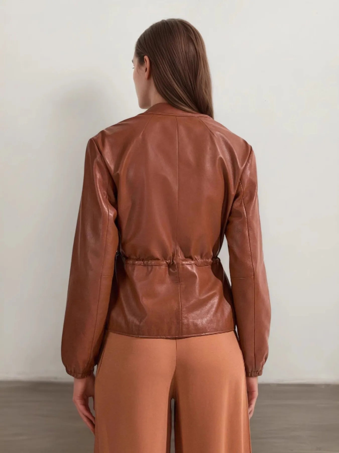 Drawstring Zip Up Leather Jacket