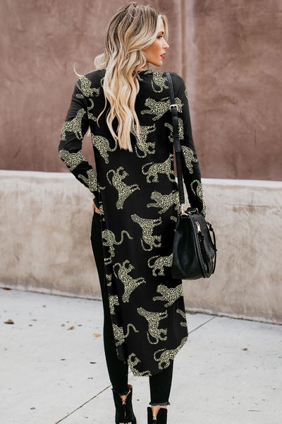Stylish Animal Pattern Ribbed Long Sleeve Cardigan