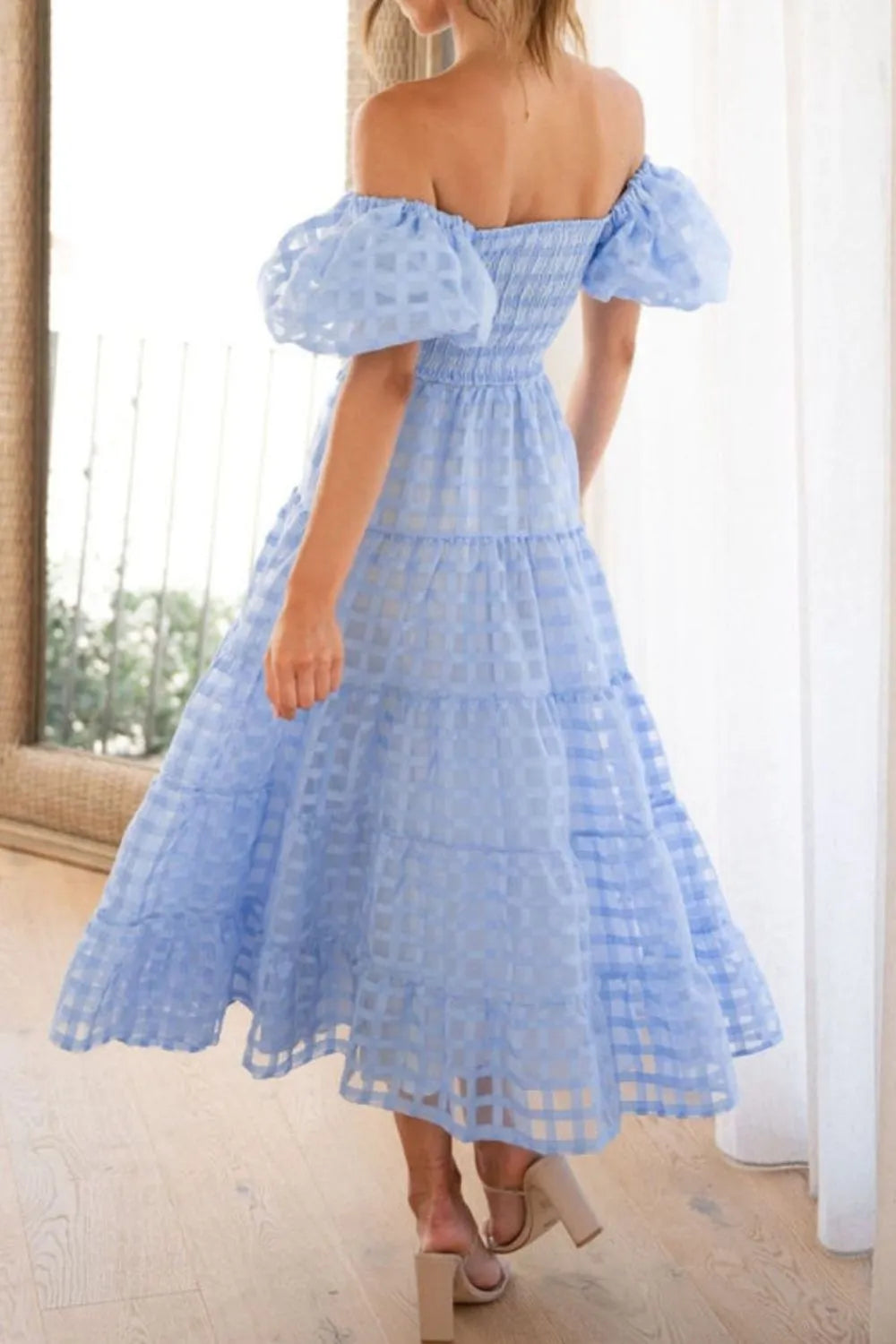 Off Shoulder Short Puff Sleeve Midi Dress