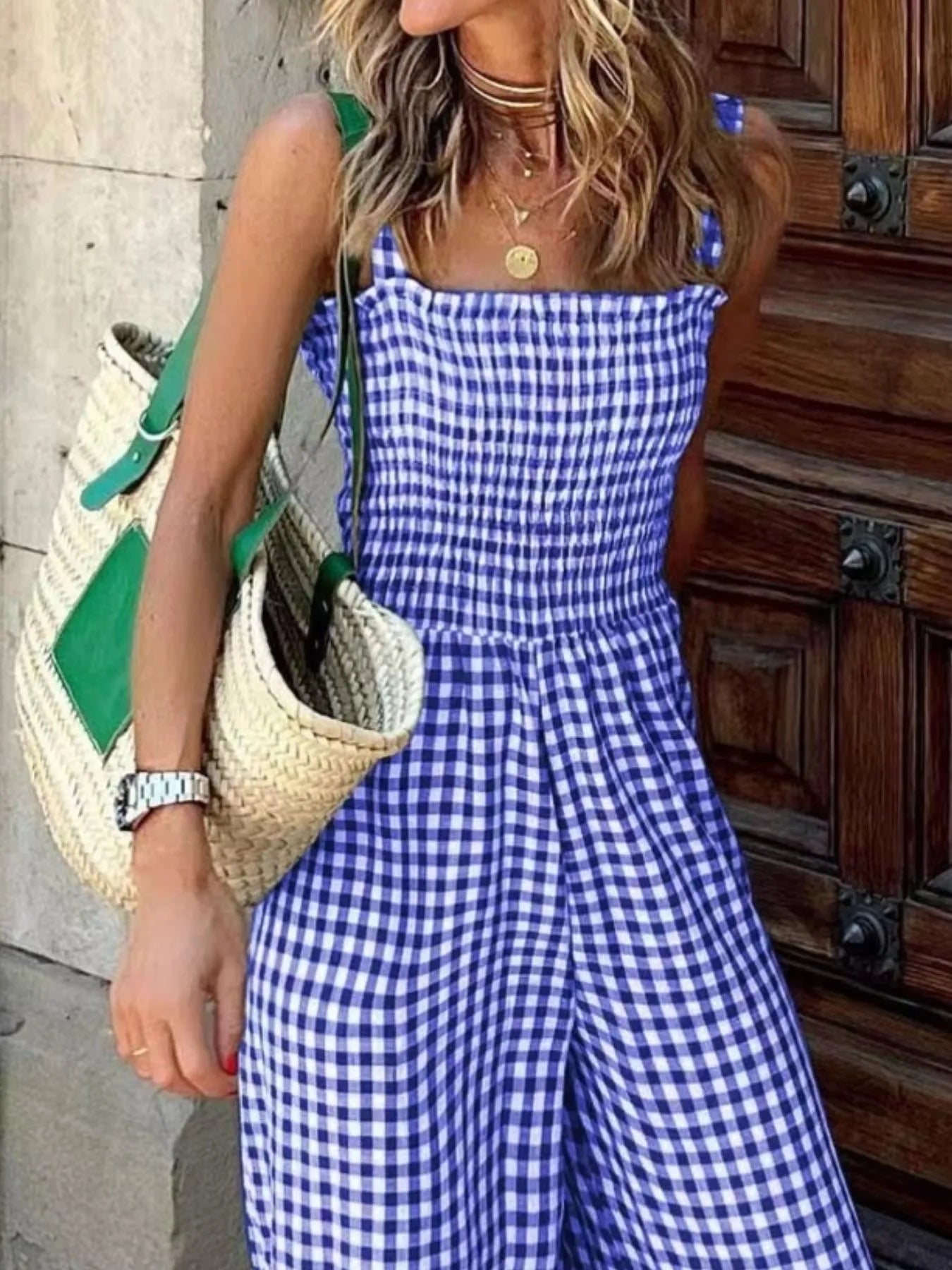 Gingham Smocked Wide-Leg Jumpsuit