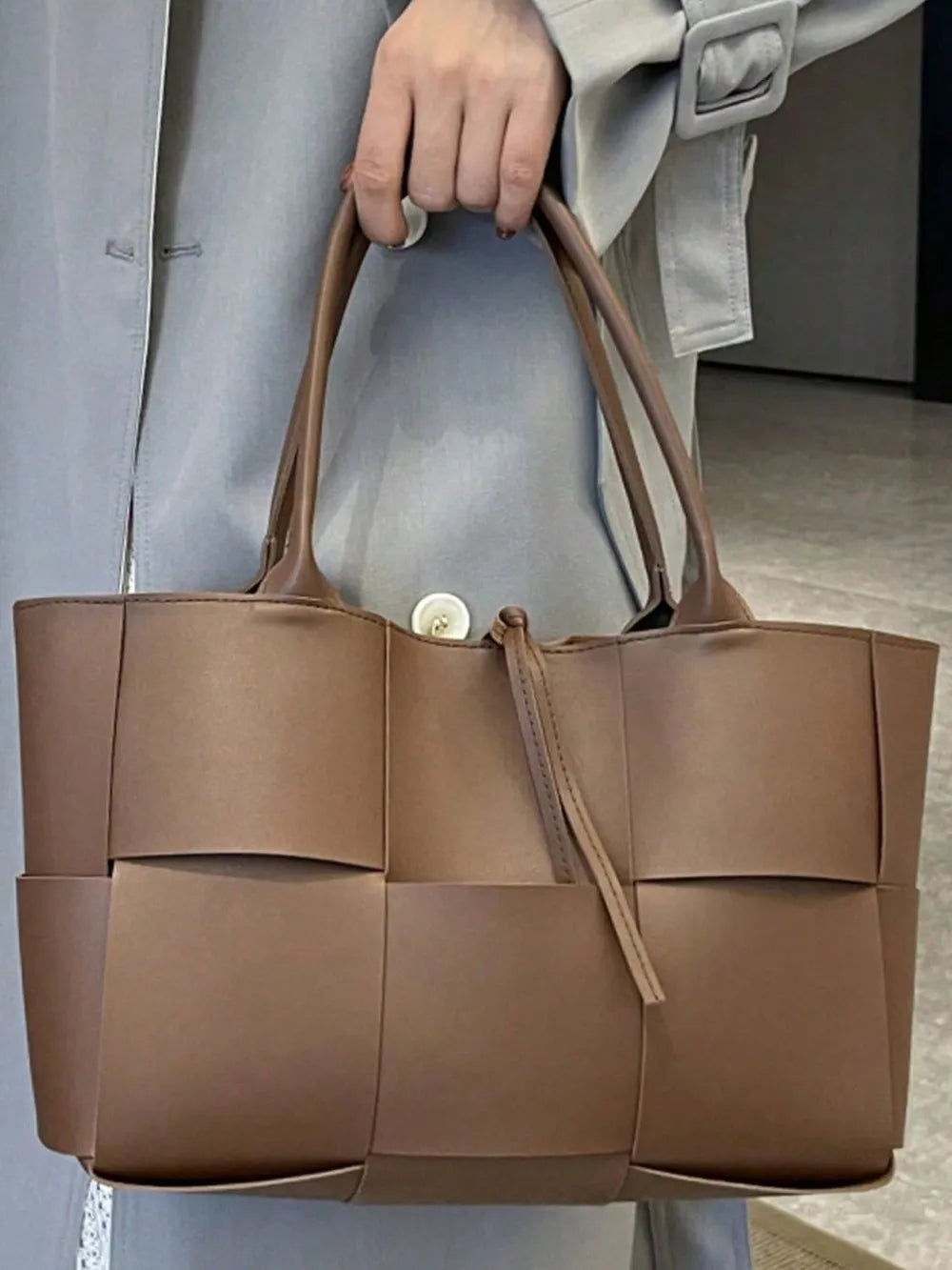 PU Leather Woven Handbag and Clutch Set