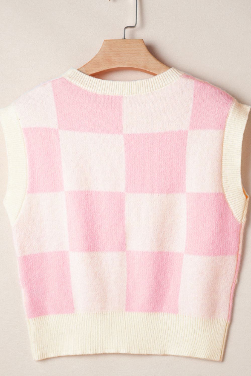 Chic Pink & Cream Bow Checkered Round Neck Sweater Vest