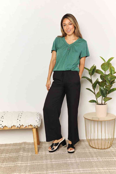 Double Take Ruched V-Neck Short Sleeve T-Shirt