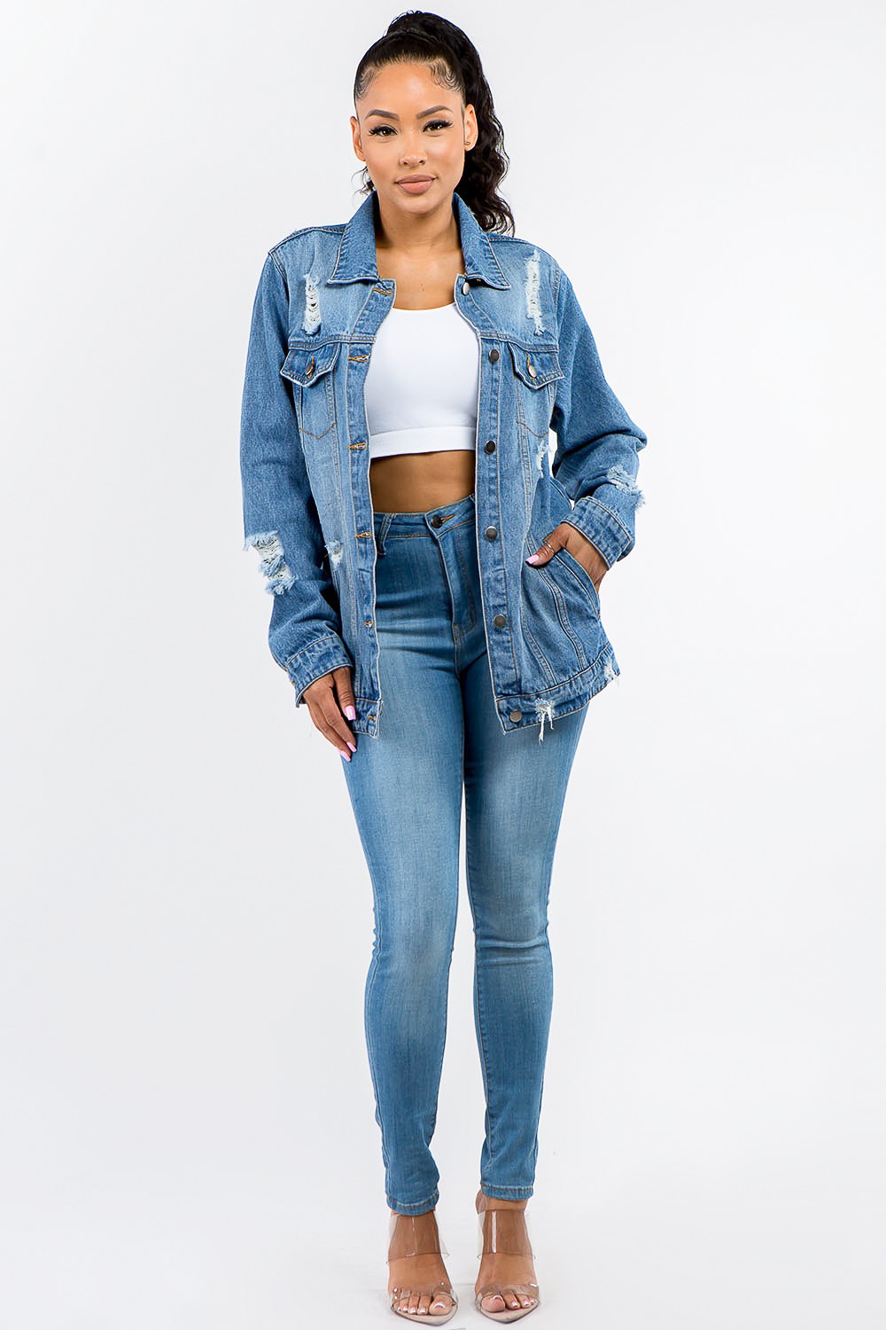 Vintage Distressed Denim Jacket with Full Button Closure