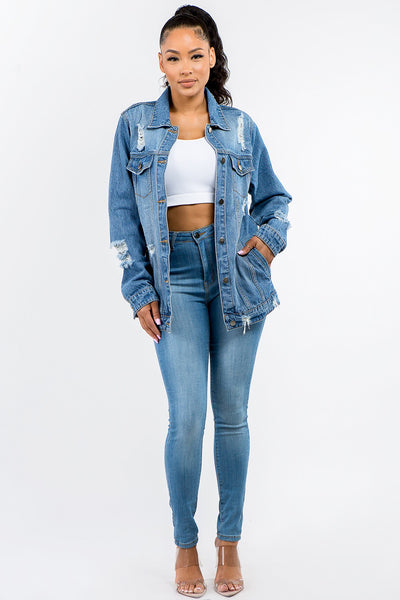 Vintage Distressed Denim Jacket with Full Button Closure