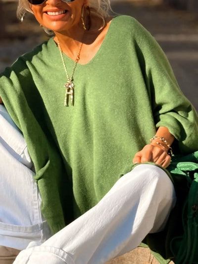 Ribbed Hem V-Neck Sweater