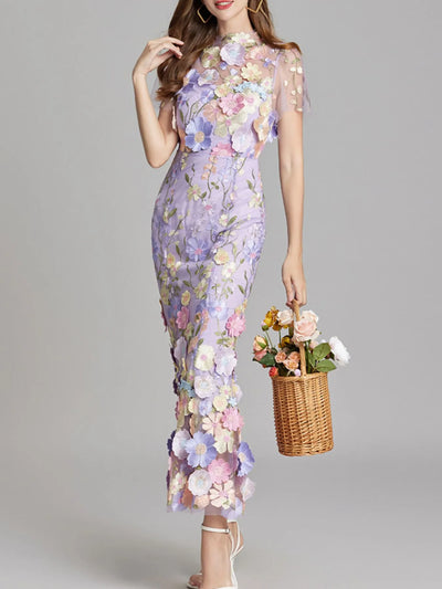 Floral Embroidered Mesh Overlay Maxi Dress