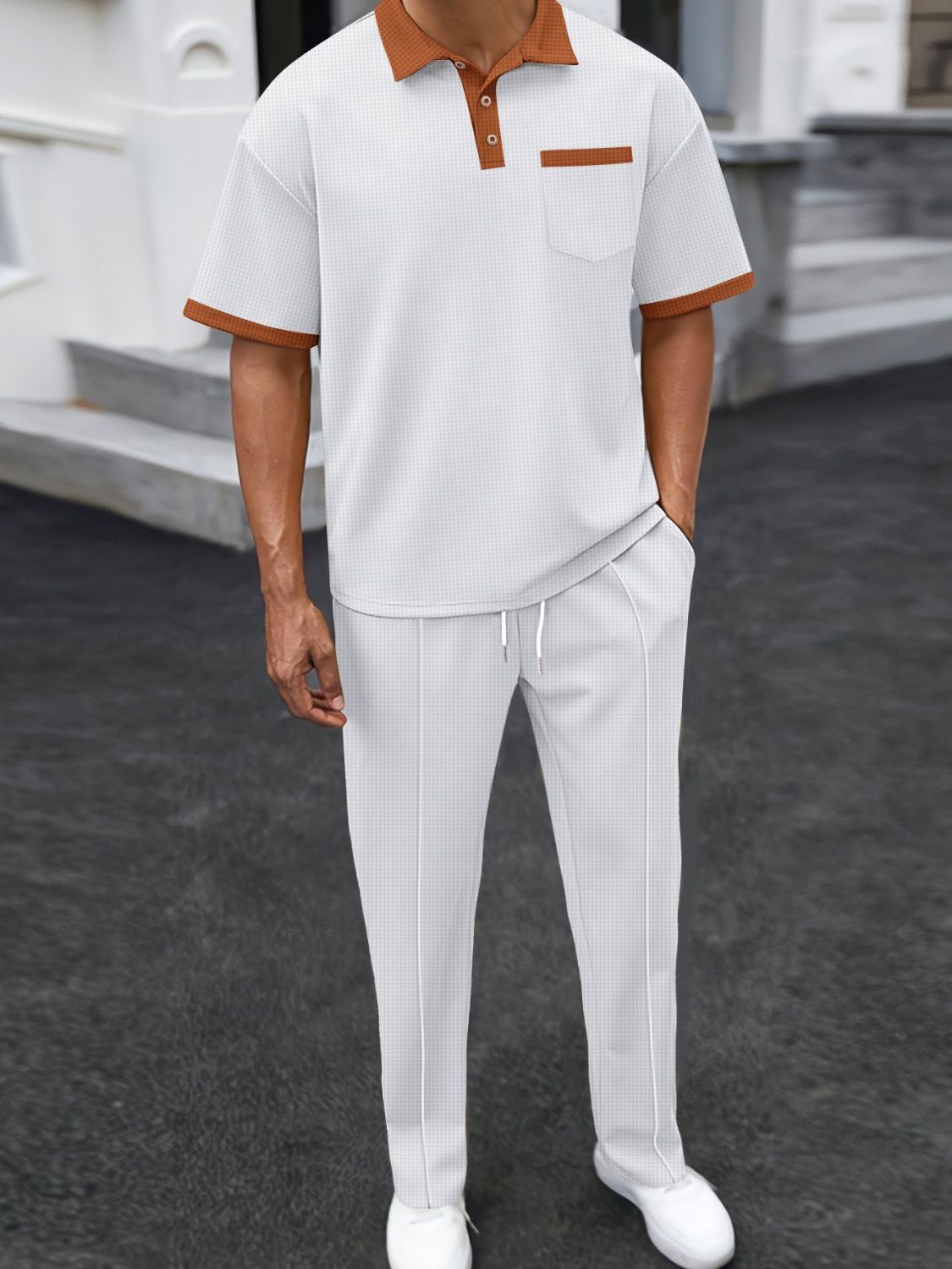 Men's Full Size Waffle-Knit Contrast Polo and Pants Set Plus Size