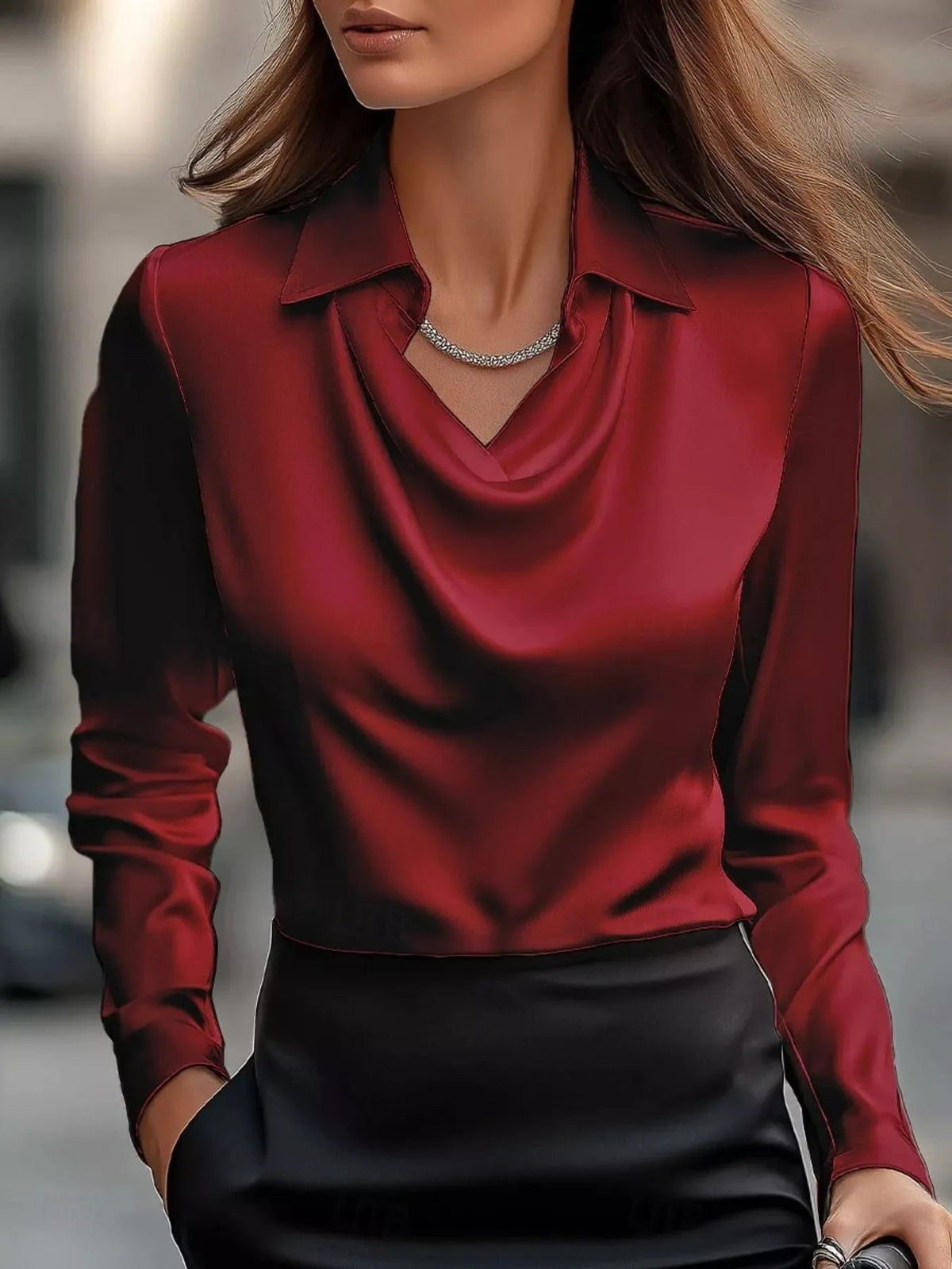 Ruched Long Sleeve Drape Collar Blouse