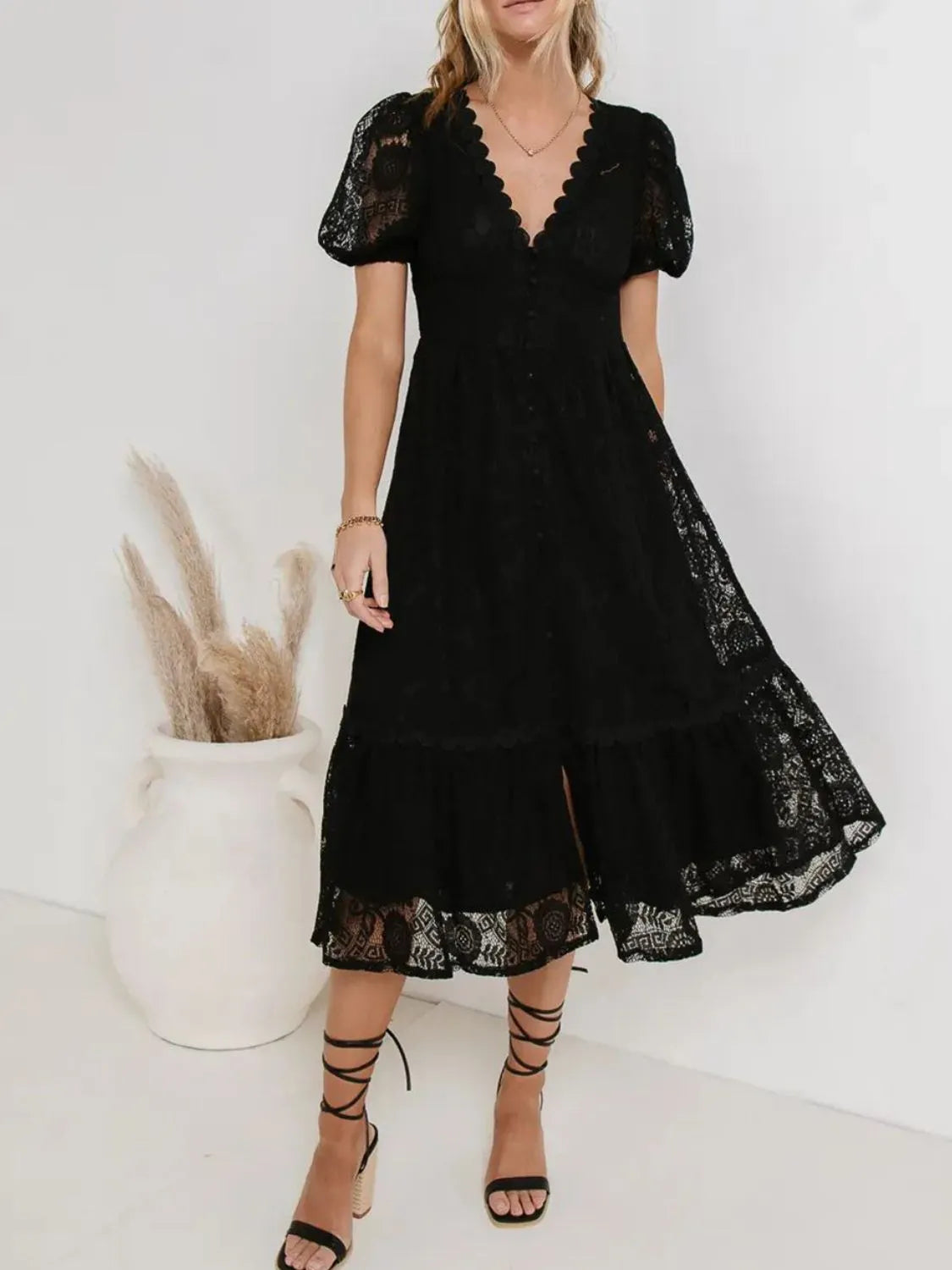 Lace V-Neck Short Sleeve Dress