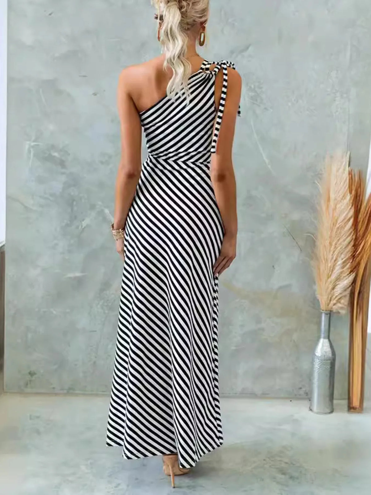 One Shoulder Striped Maxi Dress