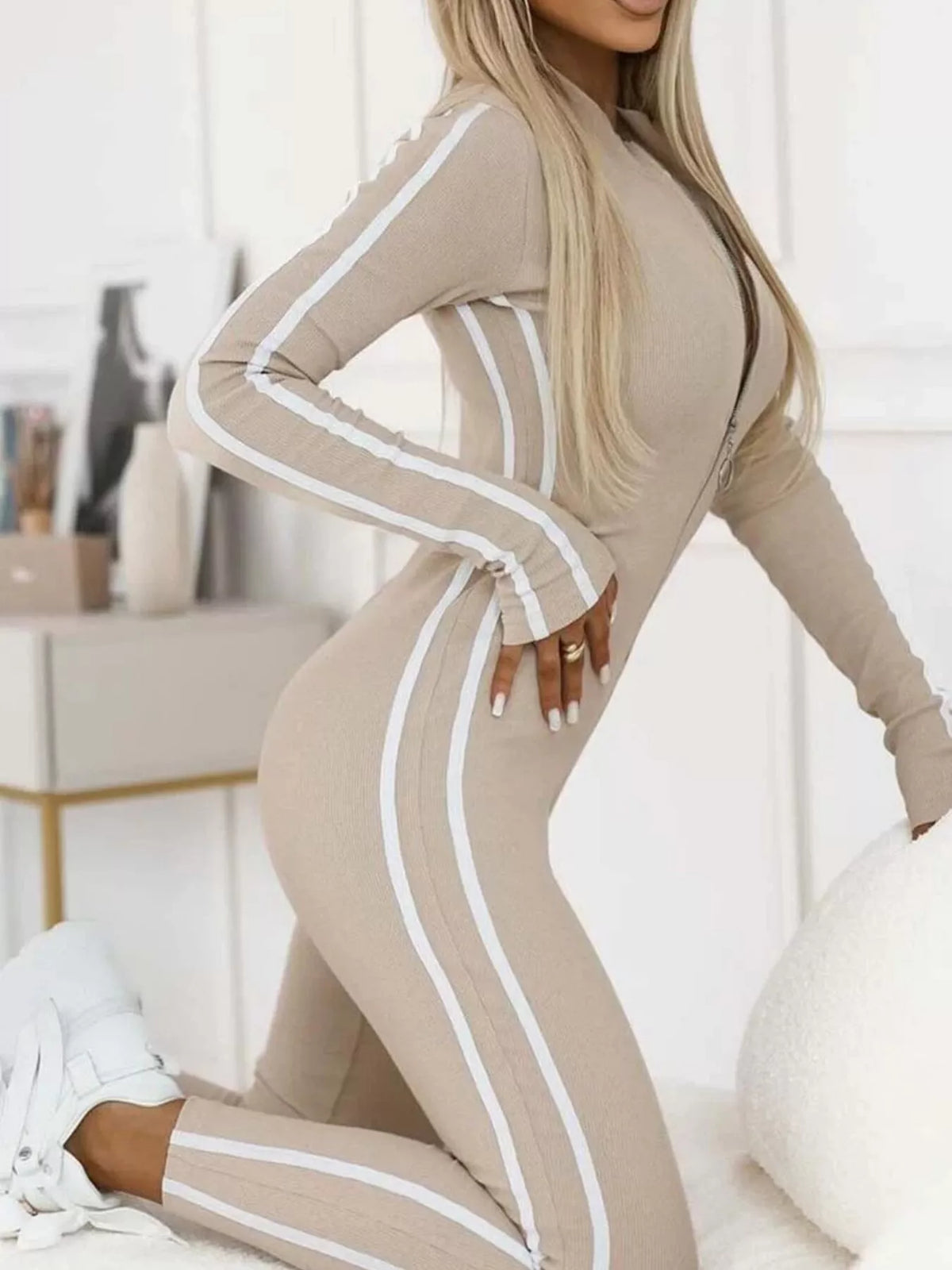 Full Size Stripe Zip-Front Long Sleeve Jumpsuit Plus Size