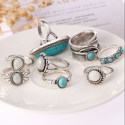 Boho Fashion Alloy Turquoise 8-Piece Stackable Ring Set