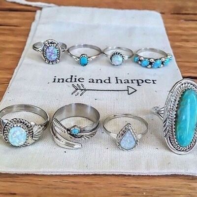 Boho Fashion Alloy Turquoise 8-Piece Stackable Ring Set