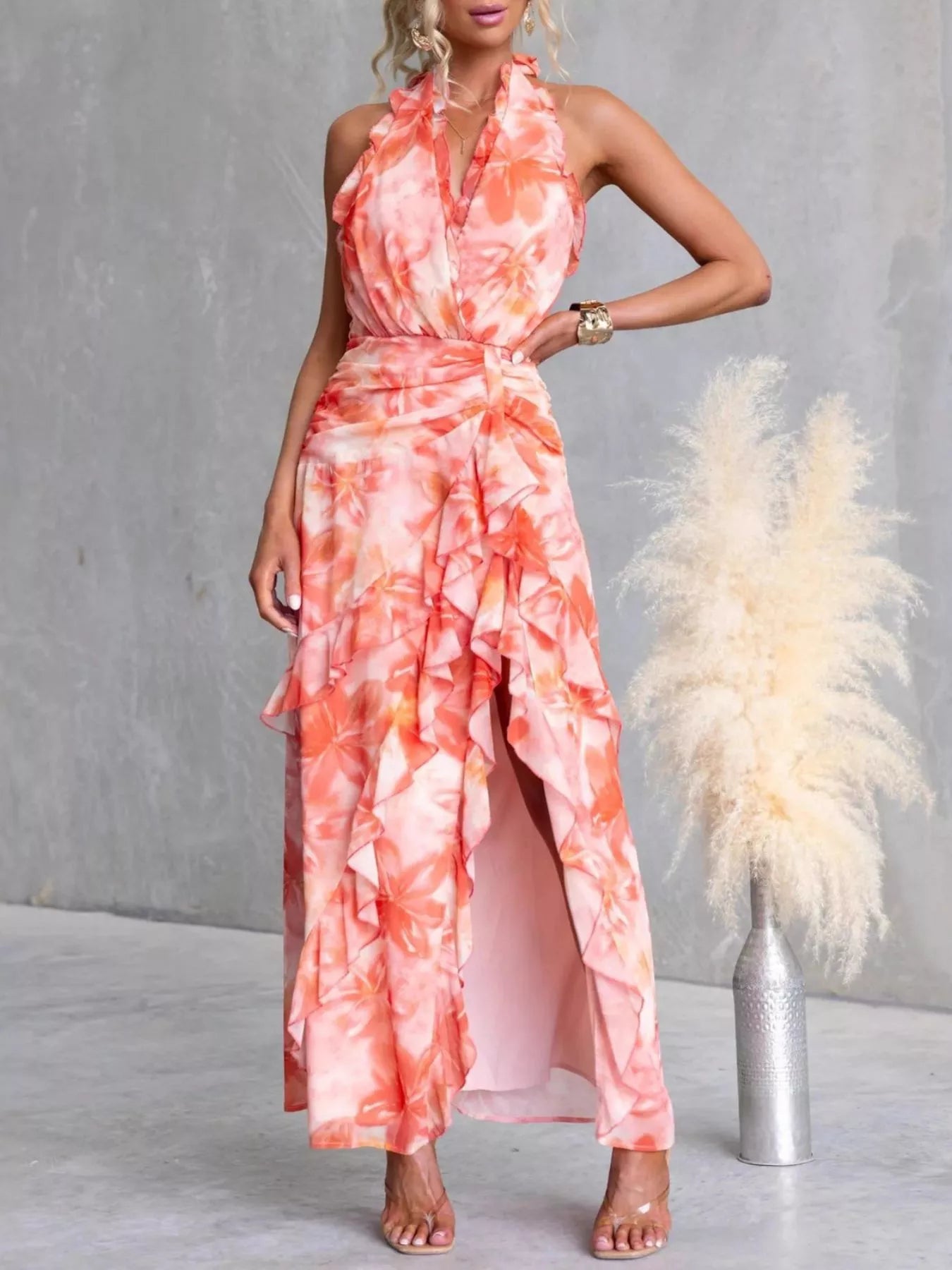 Floral Print Ruffle Halter Neck Maxi Dress