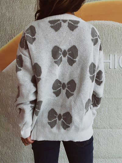 Women's Casual Bow Round Neck Sweater with Dropped Shoulder