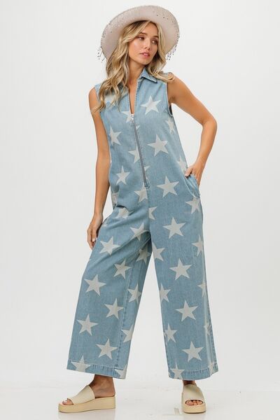Trendy Star Print Denim Jumpsuit with Half Zip Sleeveless Design