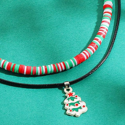 Colorful Double Layered Necklace with Christmas Tree Pendant
