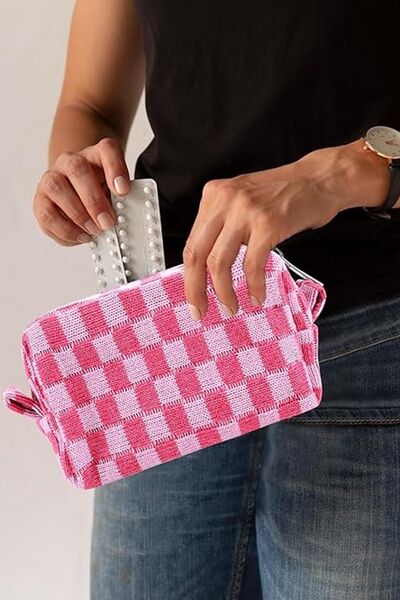 Zenana Checkered Pattern Knitted Cosmetic Pouch for Essentials