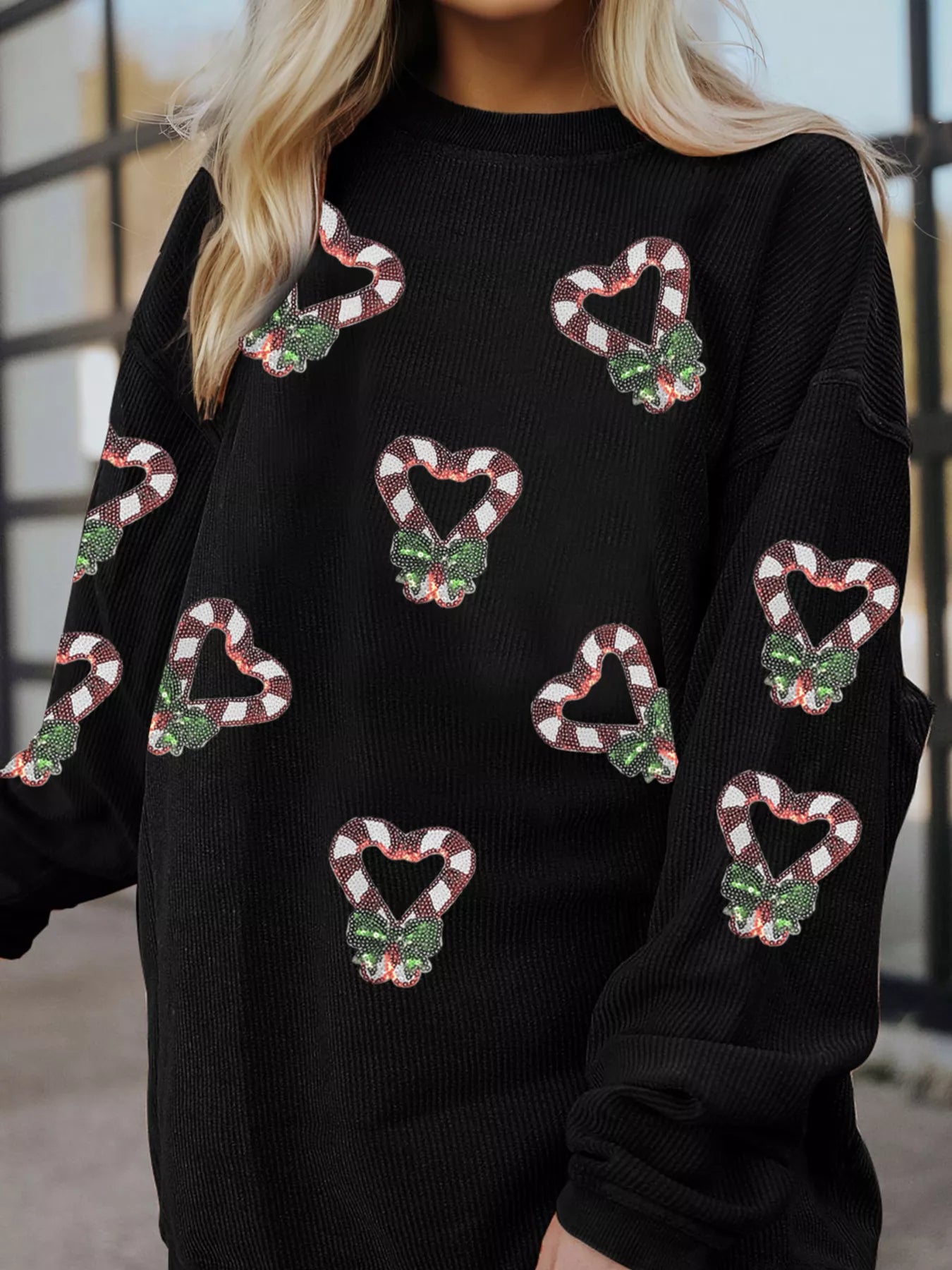 Sequin Christmas Candy Cane Heart Graphic Drop Shoulder Ribbed Sweatshirt