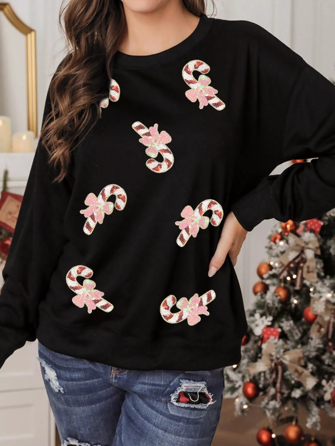 Christmas Candy Cane Sequin Patch Baggy Sweatshirt