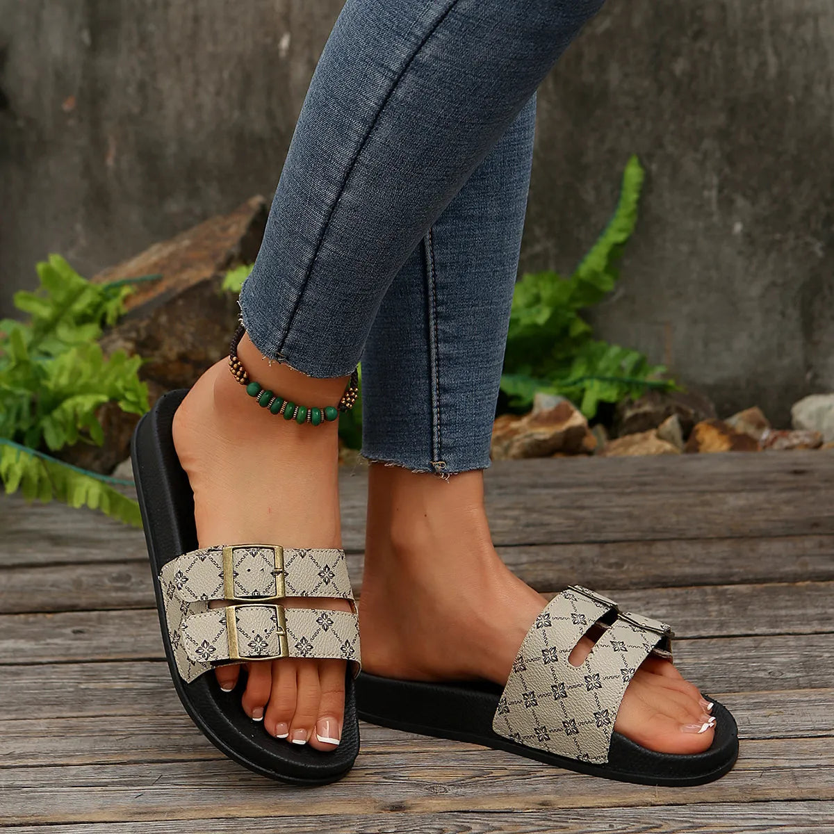 Open Toe Double Buckle Sandals