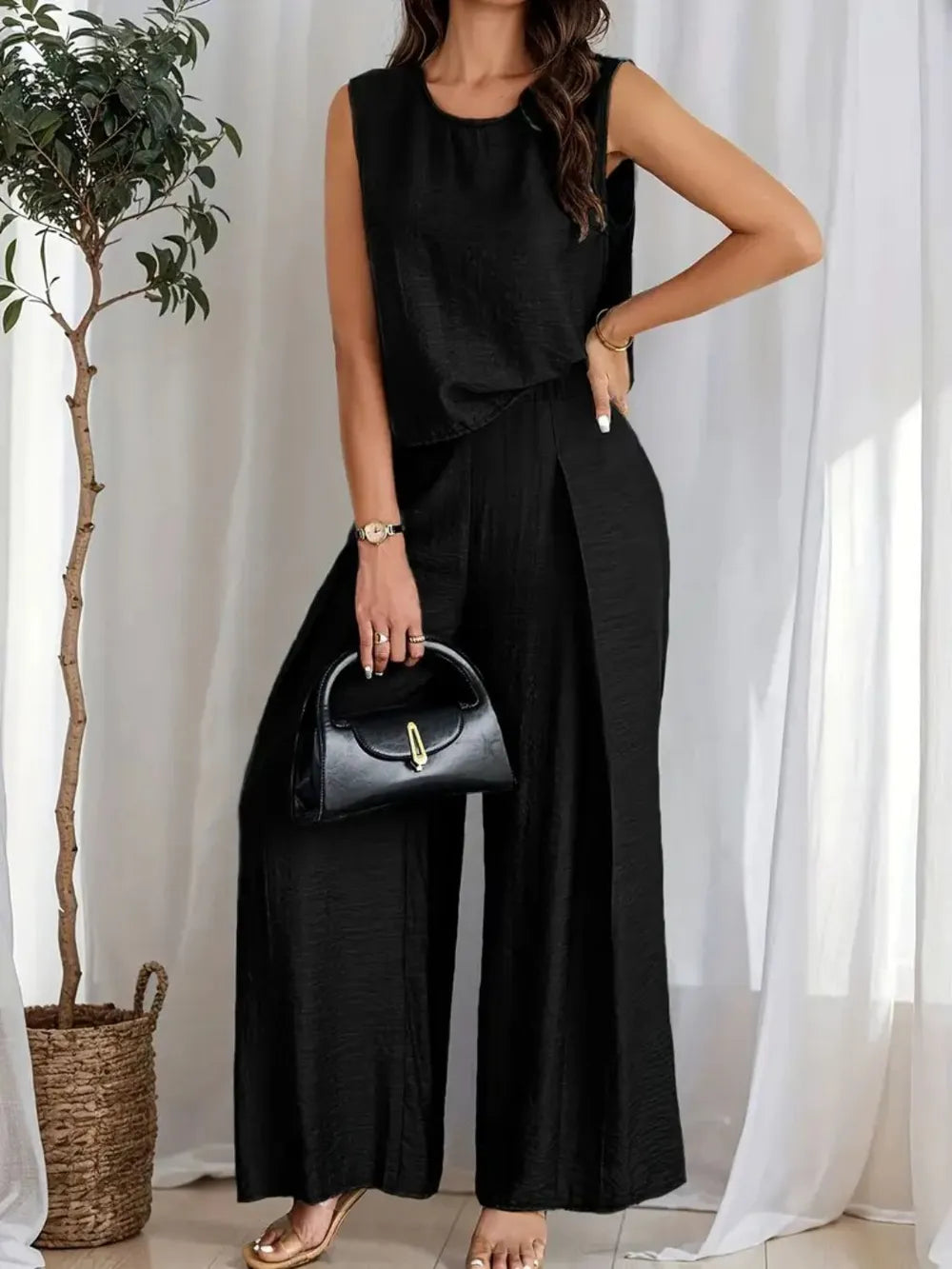 Round Neck Sleeveless Top and Wide Leg Pants Set